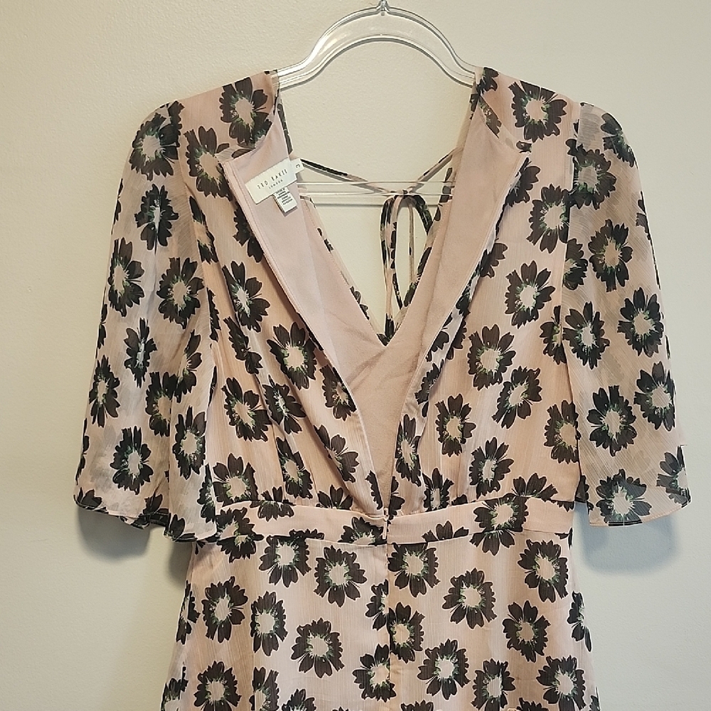 Ted Baker Pink Black V-Neck Floral Boho Mini Dress Spring Ruffle Hem Designer 3 - Picture 9 of 11